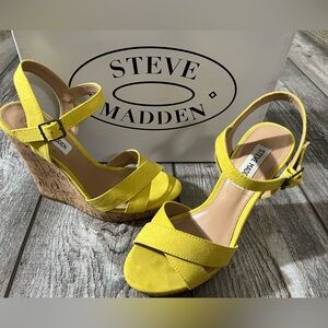 Steve Madden “Beau Yellow” Wedge Cork Suede Sandals - 7